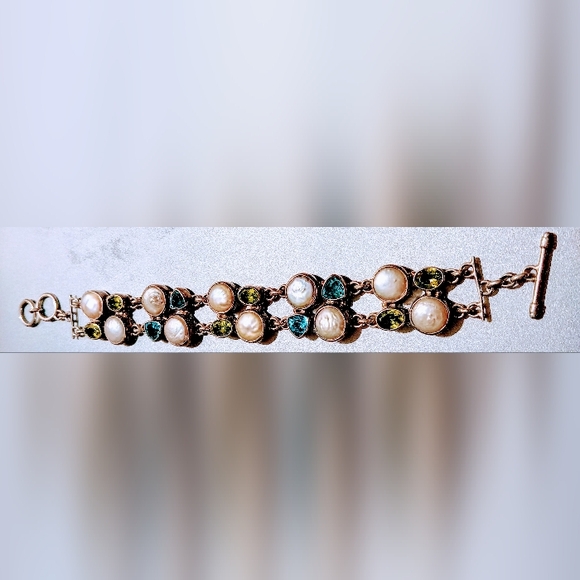 Vintage Sterling silver Three Stone Toggle design pattern Gemstone Bracelet. - Picture 15 of 15